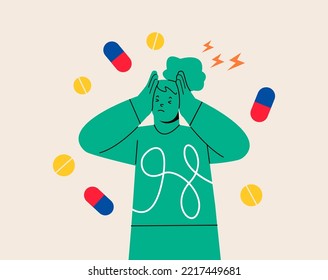 Unwell female struggle with headache or dizziness. Healthcare and medication concept. Colorful vector illustration
