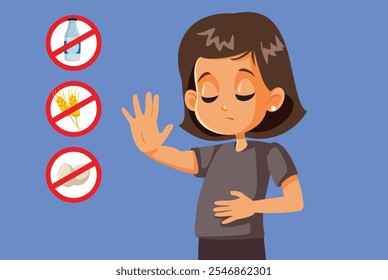 
Unwell Girl Suffering from Food Intolerance Vector Illustration. Child having symptom of food allergy reaction like bellyache 
