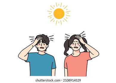 Unwell kids feel sweaty suffer from heatstroke have dizziness and headache. Unhealthy little children struggle with hot weather overwhelmed with sun. Health problem. Vector illustration. 