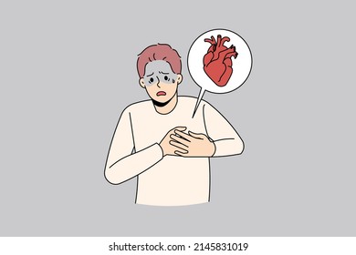 Unwell man feel sick suffer from heart stroke. Sick unhappy guy touch upper chest having cardiovascular problems need doctor help. Healthcare and medicine. Vector illustration. 