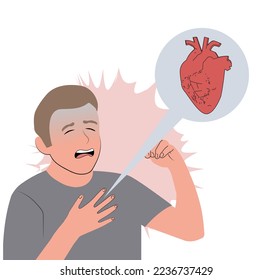 Unwell man feel sick suffer from heart stroke. Sick unhappy guy touch upper chest having cardiovascular problems need doctor help. Healthcare and medicine. Vector illustration.