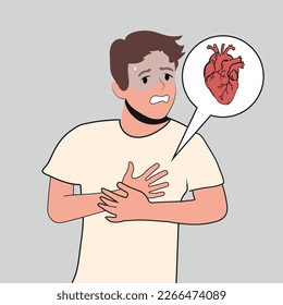 Unwell man feel sick suffer from heart stroke. Sick unhappy guy touch upper chest having cardiovascular problems need doctor help. Healthcare and medicine. Vector illustration.