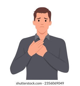 Unwell man feel sick suffer from heart stroke. Sick unhappy guy touch upper chest having cardiovascular problems need doctor help. Healthcare and medicine. Flat vector illustration isolated on white b