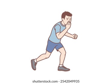 An unwell man with a runny nose, cold or fever due to the cold winter outside, without a protective mask, runs outside. Hand drawn style vector design illustrations.