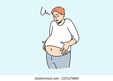 Unwell Man Suffer From Indigestion. Unhealthy Male Struggle With Stomach Flatulence. Healthcare And Bowel Problem. Vector Illustration. 