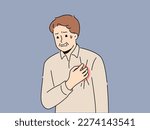 Unwell man touch chest suffer from heart attack. Sick male struggle with cardiovascular disease or myocardial infarct. Healthcare and cardiology. Vector illustration. 