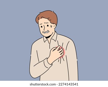 Unwell man touch chest suffer from heart attack. Sick male struggle with cardiovascular disease or myocardial infarct. Healthcare and cardiology. Vector illustration. 