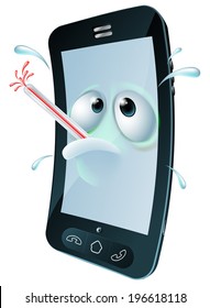 An unwell mobile phone mascot character overheating and sweating with a thermometer in its mouth. Concept for a broken phone or one with a virus.