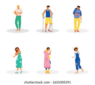 Unwell patients flat color vector faceless characters set. Stomach ache. Pain from inflammation. Healthcare issues. Disease symptoms isolated cartoon illustrations on white background