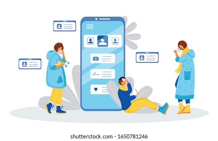 Unwell patients flat concept vector illustration. Sick people 2D cartoon characters for web design. Online consultation. Sick woman. Ill man. Mobile consultation. Symptoms of disease creative idea