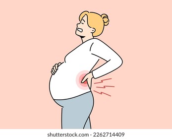 Unwell pregnant woman suffer from backache. Unhealthy exhausted female with big belly tired with pregnancy have pain at lower back. Vector illustration. 