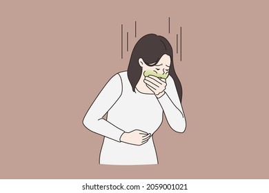 Unwell sick woman feel unhealthy vomit throw up. Ill girl cover mouth suffer from food poisoning. Pregnancy symptom or nausea concept. Health problem. Vector illustration, cartoon character. 