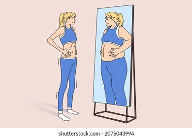 Unwell skinny girl look in mirror see fat obese reflection. Upset thin slim woman suffer from eating disorder. Female struggle with anorexia or bulimia. Mental health problem. Vector illustration.