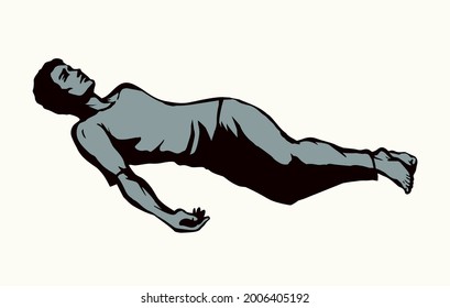 Unwell sleepy sad faint victim boy body relief dream slumber. Outline black hand drawn adult lazy worker guy health leisure drunkard lifestyle symbol. Retro white line art work cartoon character style