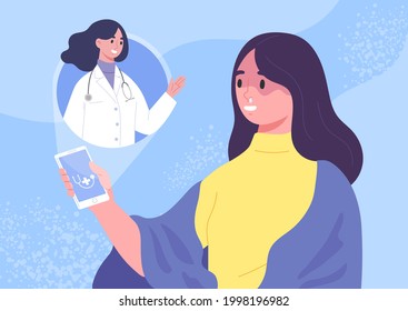 Unwell woman patient consultation to the doctor via smartphone. Online medical support. Concept of health care service, social distancing, new normal, technology. Flat vector illustration character.