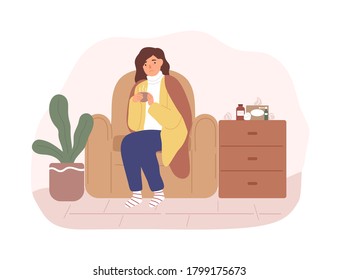 Unwell woman sitting on armchair covering plaid having influenza symptoms vector flat illustration. Sickness female having cold disease holding cup with hot beverage isolated. Seasonal viral flu