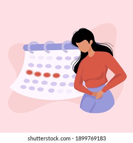 Unwell Woman suffering from stomachache, abdominal pain. Female period problems. Girl having period, premenstrual syndrome, PMS, menstruation, calendar. 