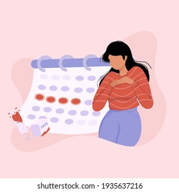 Unwell Woman suffering from stomachache, abdominal pain. Female period problems. Girl having period, premenstrual syndrome, PMS, menstruation, calendar. 