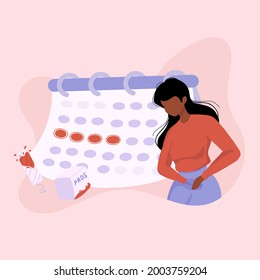 Unwell Woman suffering from stomachache, abdominal pain. Female period problems. Girl having period, premenstrual syndrome, PMS, menstruation, calendar.