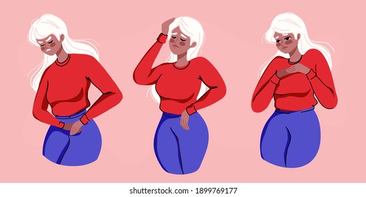 Unwell Woman Suffering From Stomachache, Headache, Chest Pain. Girl Having Period, Premenstrual Syndrome, PMS. Painful Face Expression. Set Of Ill People. Flat Vector Illustration.