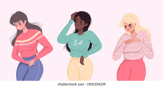 Unwell Woman Suffering From Stomachache, Headache, Chest Pain. Girl Having Period, Premenstrual Syndrome, PMS. Painful Face Expression. Set Of Ill People. Flat Vector Illustration.