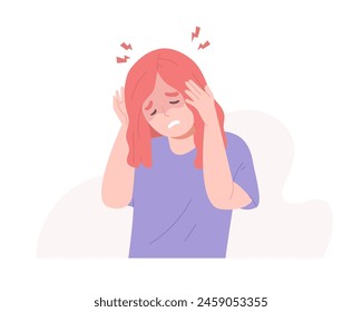 Unwell woman suffers from headache or migraine. Concept of dizziness, health problems, sick, symptom, pain, feeling bad, illness, health and medicine. Flat vector illustration character.