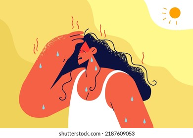 Unwell woman sweat suffer from hot summer weather outside. Unhealthy female struggle from heatstroke. Healthcare concept. Vector illustration. 