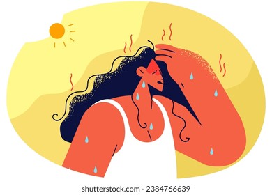 Unwell woman sweat suffer from hot summer weather outside. Unhealthy female struggle from heatstroke. Healthcare concept. Vector illustration.