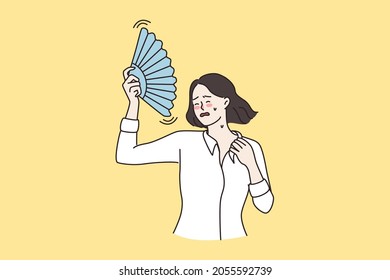 Unwell young woman feel overheated breathe fresh air wave with hand fan. Unhappy distressed girl use waver, lack conditioner or ventilation. Heatstroke, hormonal imbalance. Flat vector illustration.