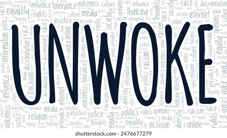 Unwoke word cloud conceptual design isolated on white background.