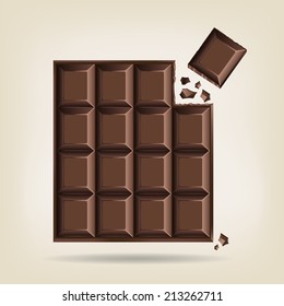 Unwrapped bar of chocolate with one corner square broken off with crumbs, vector illustration