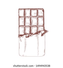 Unwrapped chocolate bar hand drawn vector illustration. Delicious sweet dessert isolated on white background. Natural organic product, confectionery and pastry assortment drawing in vintage style.