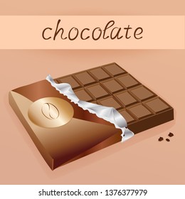 Unwrapped chocolate bar, torn wrapper,  dessert, vector illustration