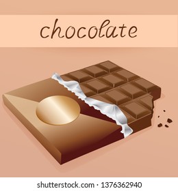 Unwrapped Chocolate Bar In Unwrapped Wrapper, Dessert, Vector Illustration