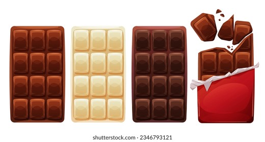 Unwrapped chocolate bars. Dark milk and white choco bar, bite broken square slabs with crumbs, cocoa product for baking diet food, cacao black candy garish vector illustration of bar dessert