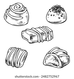 Unwrapped chocolate candies decorated icing and jelly inside. Line art is a simple hand-drawn illustration in black and white ink. Set of isolated objects vector EPS clip art.