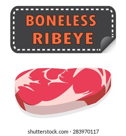 Unwrapped Fresh Boneless Ribeye steak with fat and sticker banner.Piece of Meat in flat icon style.  Isolated cartoon vector illustration