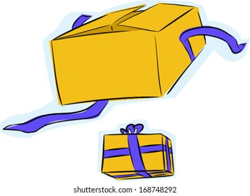 Unwrapped gift box with a wrapped gift box over white background