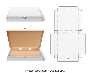 Unwrapped pizza box. Realistic 3d white cardboard