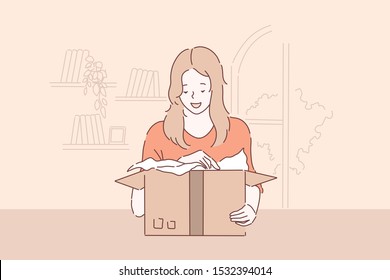 Unwrapping pleasant surprise, package delivery concept. Young girl unpacking cardboard parcel with delighted facial expression, customer opening box. Simple flat vector