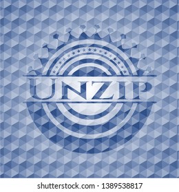 Unzip blue badge with geometric pattern. Vector Illustration. Detailed.