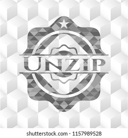 Unzip grey badge with geometric cube white background