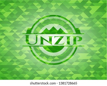 Unzip realistic green emblem. Mosaic background
