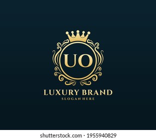 UO Initial Letter, Gold text with feminine floral hand drawn heraldic monogram, Antique vintage style luxury logo design.
