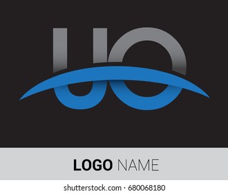 UO initial logo company name colored grey and blue swoosh design.