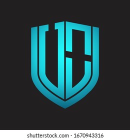 UO Logo monogram with emblem shield design isolated with blue colors on black background