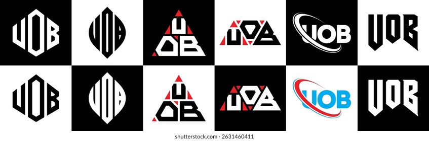 UOB letter logo design in six style. UOB polygon, circle, triangle, hexagon, flat and simple style with black and white color variation letter logo set in one artboard. UOB minimalist and classic logo
