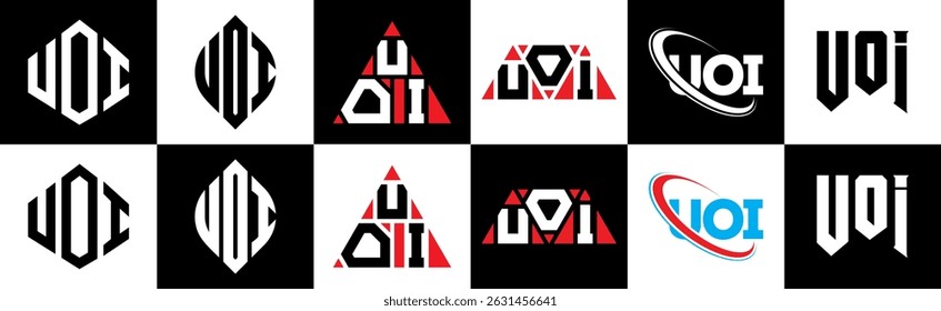 UOI carta logotipo design em seis estilo. UOI polígono, círculo, triângulo, hexágono, plano e estilo simples com cor preta e branca variação letra logotipo definido em uma prancheta. Logotipo minimalista e clássico da UOI