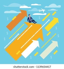 Up. Businessman standing on flying arrows. Concept of business illustration. Find great opportunities for work and business. Vector illustration. The concept of business-Vision success.