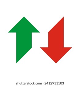 Up, down green, red cut arrows. A pair of vertical two-way direction symbols. Isolated on a white background.